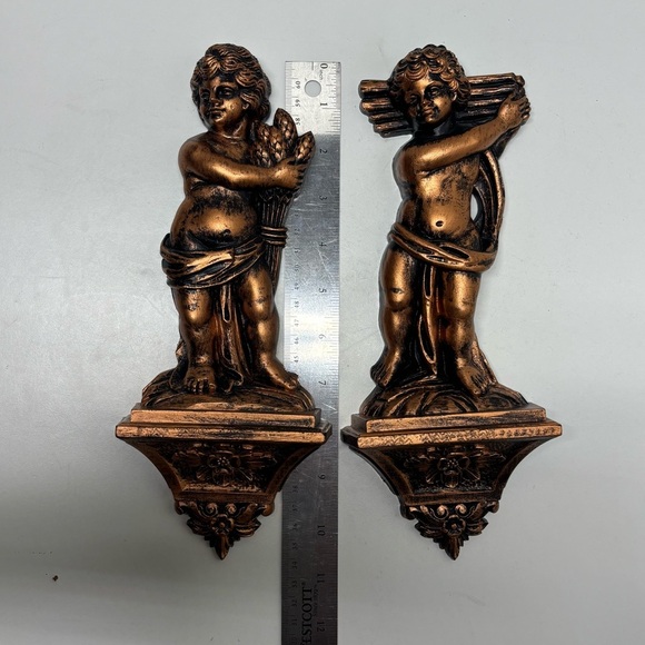 Set of 2 vintage Coppercraft Guild Syroco Cherub wall sconces - Picture 10 of 11